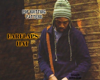 Vintage Men's Earflaps Hat Knitting Pattern PDF | Braids Striped Cozy Outdoor adventures casual Multicolor Bulky Chunky Instant Download