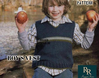 Vintage Boys Worsted V-Neck Accent Stripes Vest Knitting Pattern | 4 6 8 10 years Toddler Leaflet Sweater Pullover Kids Instant Download PDF