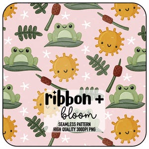 May include: A seamless pattern with cartoon frogs, suns, cattails, and ferns on a pale pink backdrop. The text "ribbon + bloom" is in the centre, with "SEAMLESS PATTERN HIGH QUALITY 300DPI PNG" underneath.