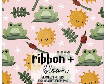 Seamless Frog Background Pattern, Cute Hand-drawn Frog Repeating File, Digital Paper Frog Floral Design Scrapbook Paper Printable Commercial