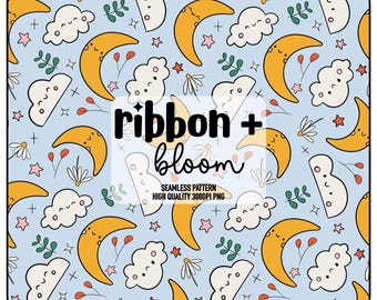 Sleepy Moon & Cloud Seamless Pattern – Kawaii Digital Paper, Nursery Fabric, Cute Crescent Moon Repeat Print, Scrapbooking, Sublimation