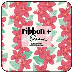 May include: Seamless floral pattern featuring large pink flowers with orange centers, small white flowers, and green leaves on a cream background. The text "ribbon + bloom" is overlaid on the design, along with "SEAMLESS PATTERN HIGH QUALITY 300DPI PNG".