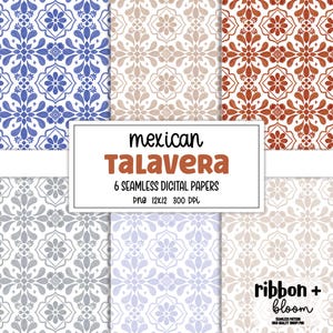 May include: Six seamless digital papers with a Mexican Talavera design. The papers feature floral and geometric patterns in shades of blue, brown, gray, and rust. The image includes the text "mexican Talavera" and "6 seamless digital papers".