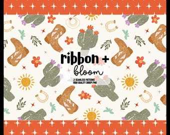 Set van 2 naadloos patroon western boho cactus en cowboylaarzen – digitaal woestijnpapier, rustieke landelijke sublimatie, westernesthetiek voor kinderen