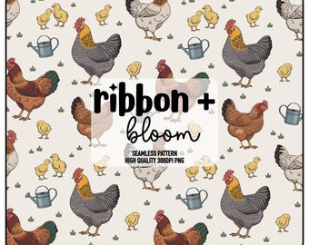 Chicken Seamless Pattern Digital Download - Chicken Meadow Country Chic for Fabric, Scrapbooking, and Home Decor - Cute Barnyard Art