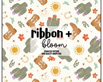 Naadloos patroon western boho cactus en cowboylaarzen – digitaal woestijnpapier, rustieke landelijke sublimatie, esthetische kinderstof