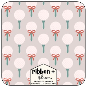May include: Seamless pattern featuring golf balls with red bows on green tees, set against a light gray background. The design includes the text "ribbon + bloom" and "seamless pattern high quality 300dpi png".