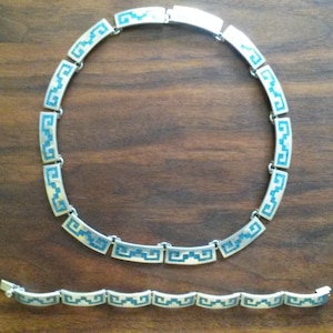 Vintage Taxco Mexico Necklace & Bracelet Set, Sterling Silver with Crushed Turquoise Inlay