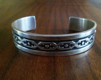 Sz9 Troy Laner Navajo Sterling Silver Hand Stamped Rug Pattern
