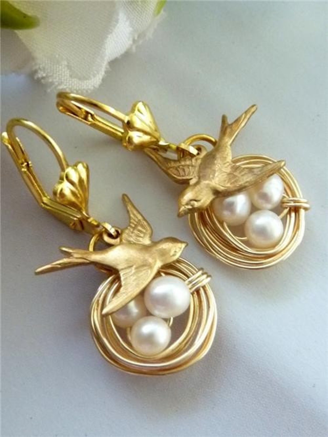 Bird Nest Necklace Sparrow Bird Pearl Eggs Necklace in 14k Etsy