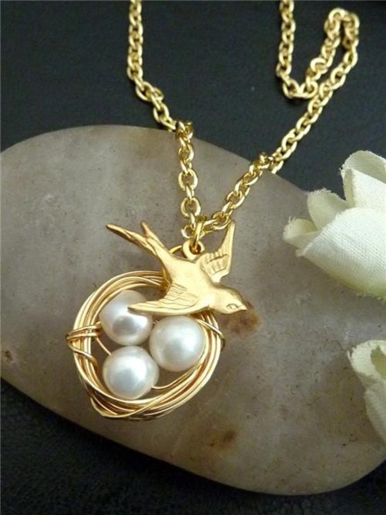 Bird Nest Necklace Sparrow Bird Pearl Eggs Necklace in 14k Etsy