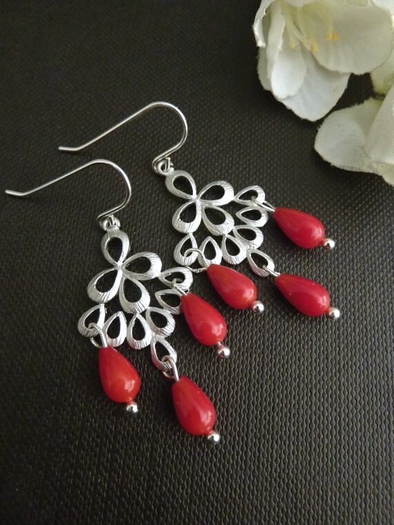 Red Coral Silver Peacock Feather Chandelier Earrings - Etsy