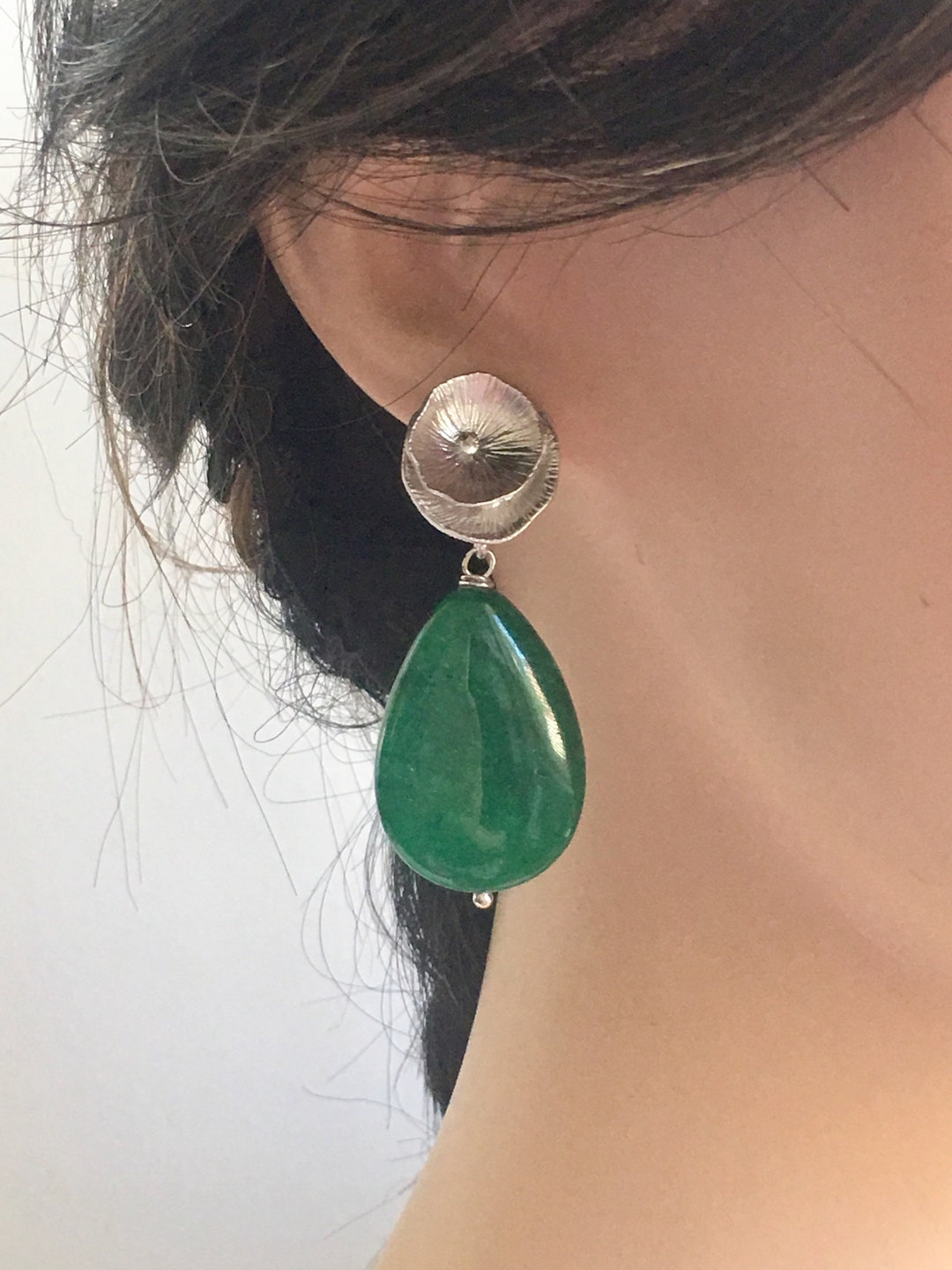 BIG Classy Emerald Green Onyx Silver Round Lotus Leaf Earrings - Etsy