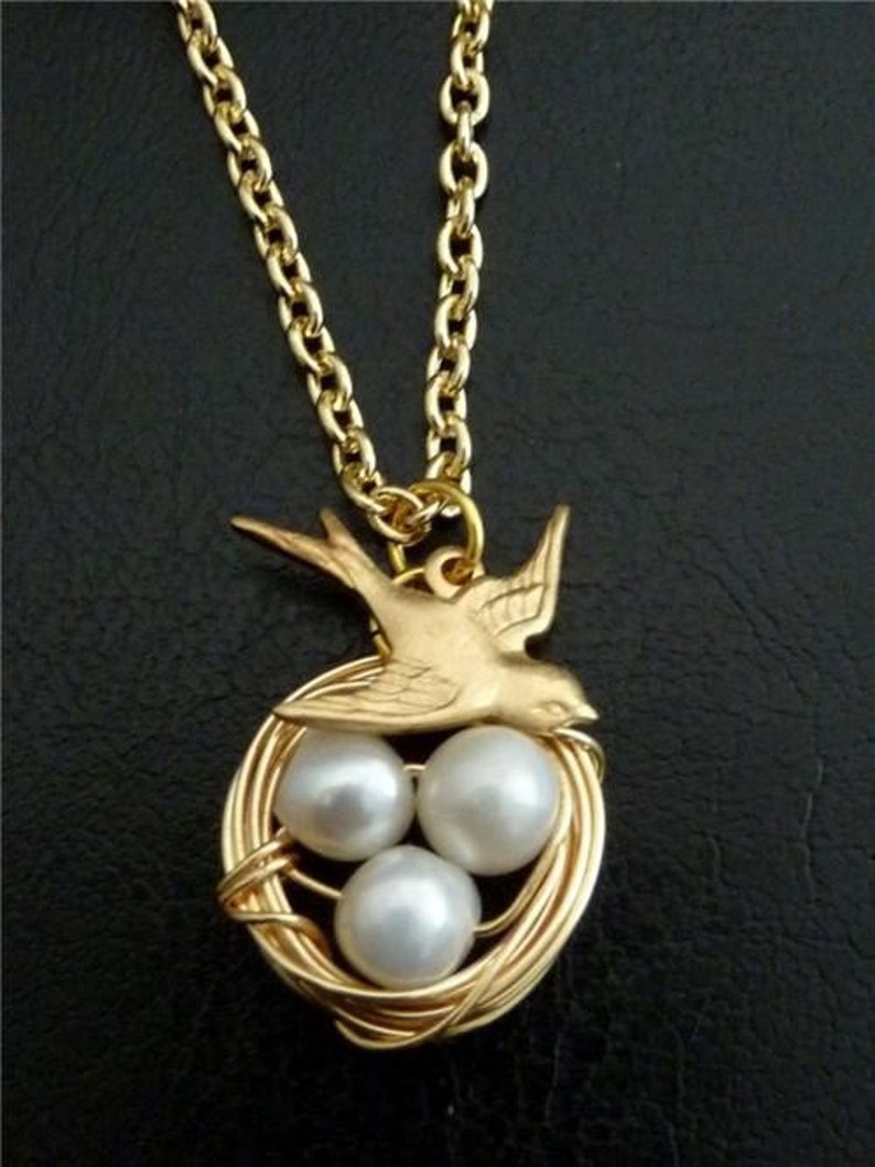 Bird Nest Necklace Sparrow Bird Pearl Eggs Necklace in 14k Etsy