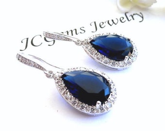Bridal Earrings Sapphire Blue Pear Shaped Cubic Zirconia with White Gold Plated CZ Earrings