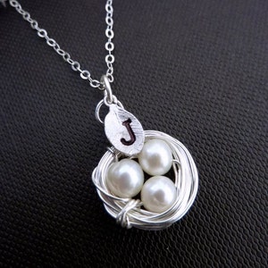 Sterling Silver Small One Sided Bird Nest with Eggs Necklace 