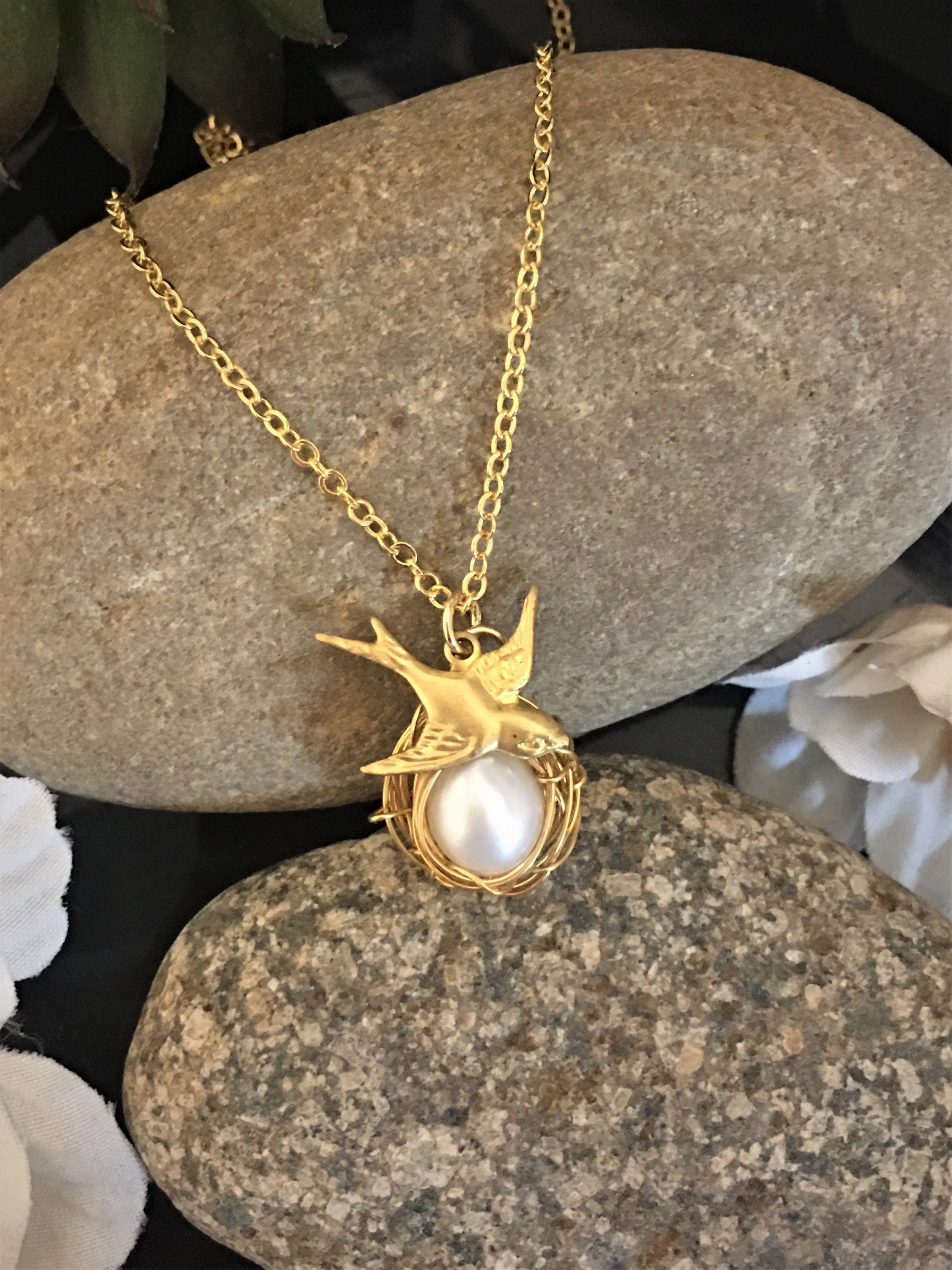 Bird Nest Necklace Sparrow Bird Pearl Eggs Necklace in 14k Etsy