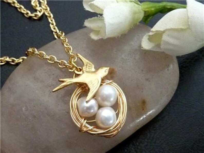 Bird Nest Necklace Sparrow Bird Pearl Eggs Necklace in 14k Etsy