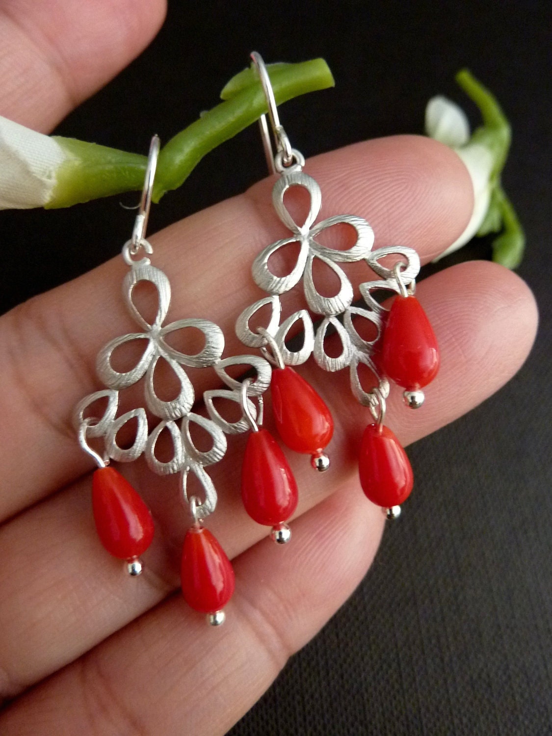 Red Coral Silver Peacock Feather Chandelier Earrings - Etsy