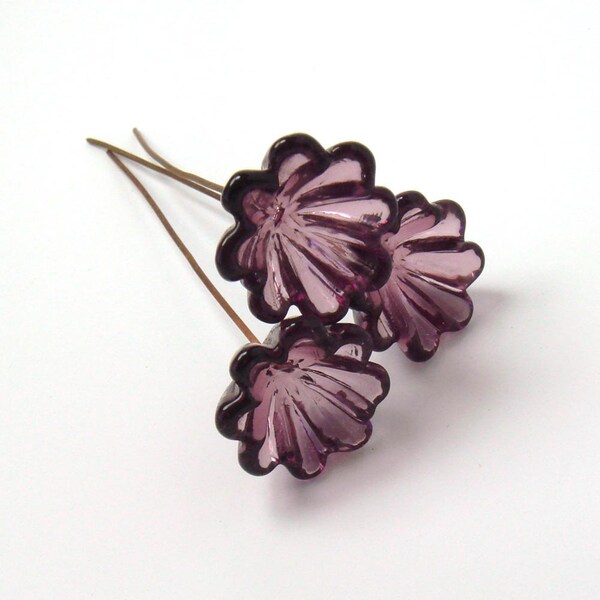 Handmade lampwork Bell Flowers  - Amethyst Flowers  -  plum, amethyst, glass flower headpins, jewellery supplies