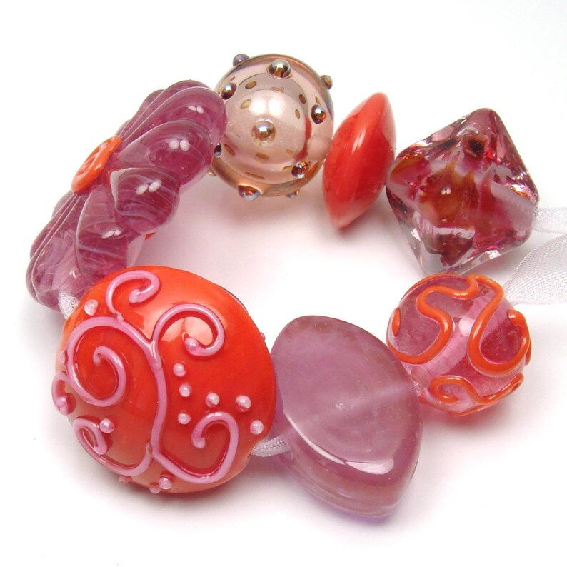 Handmade lampwork bead set Wispy Pink and Tangerine image 2
