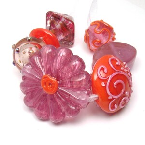 Handmade lampwork bead set Wispy Pink and Tangerine image 3