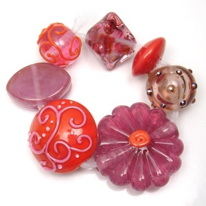 Handmade lampwork bead set Wispy Pink and Tangerine image 1