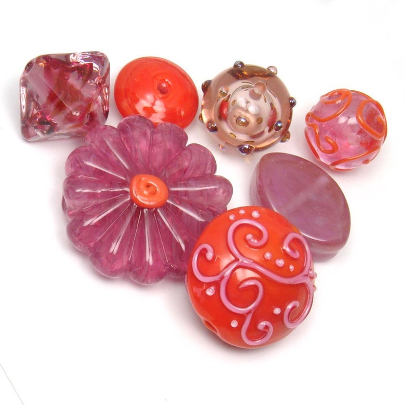 Handmade lampwork bead set Wispy Pink and Tangerine image 4