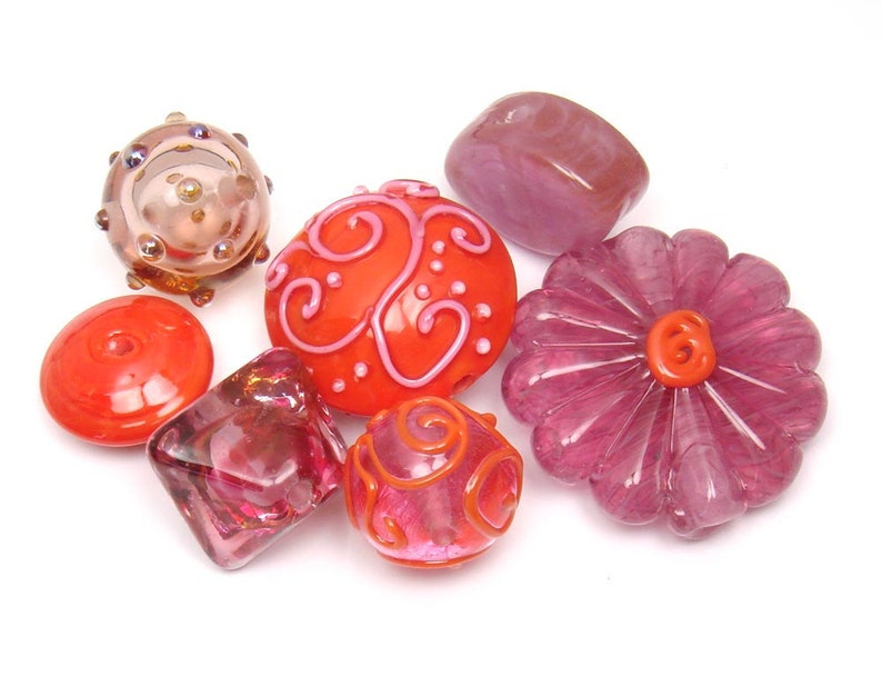 Handmade lampwork bead set Wispy Pink and Tangerine image 5