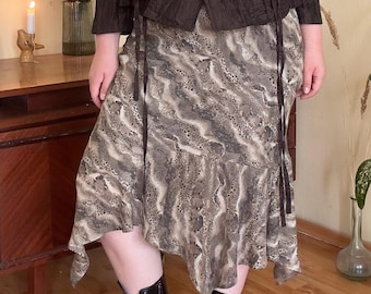 Vintage George Snake Print Asymmetric Handkerchief Midi Skirt Ribbon Y2K Grunge (L/XL)