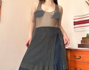 Top largo de tirantes estilo vintage con encaje transparente y malla, ideal para fiestas rave (talla M/L)