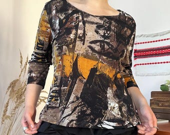 Christine Laure Vintage Mesh Brown Abstract Art Print Top Grunge Witchy Y2K Style (M/L)