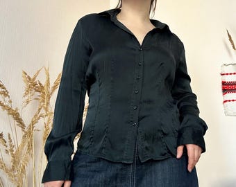 Vintage Black Silk Button Up Shirt — Y2K Office Minimalist Style (L/XL)