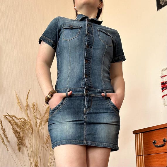 vintage denim mini dress Vintage Denim Mini Dress Button Front Zip Pockets Fitted Y2K Cargo Utility  Style (M)