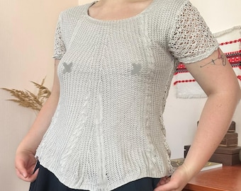 Vintage Made in Italy Beige Crochet Lace Layered Top Embroidered Back Boho Y2K (L)