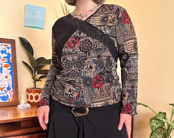 ヴィンテージバロックプリント ロングスリーブ グラフィックレーストップス、Y2Kグランジインディースリーズスタイル (L/XL)