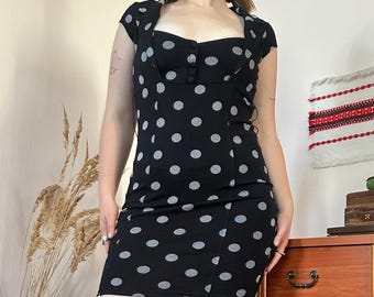 Morgan de Toi Vintage Black Polka Dot Bodycon Mini Dress Sweetheart Neck Coquette Y2K (S/M)