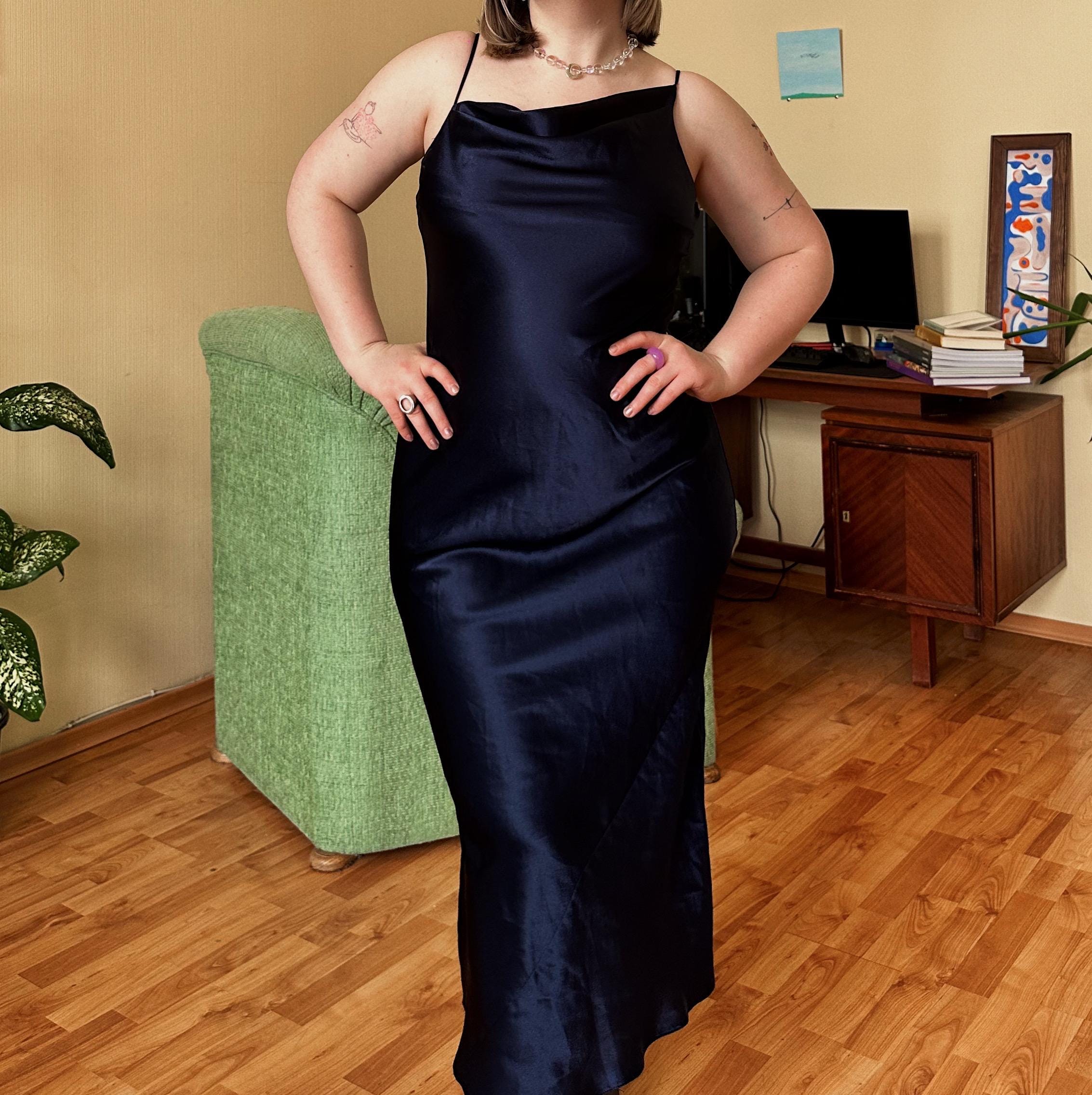 Plus Size Satin Blue Slip Dress Yessica Navy Blue Satin Slip Dress Elegant  Maxi Dress With
