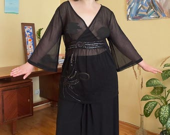 Túnica vintage negra transparente con adornos: top de talle imperio con mangas acampanadas, estilo gótico Y2K (L/XL)