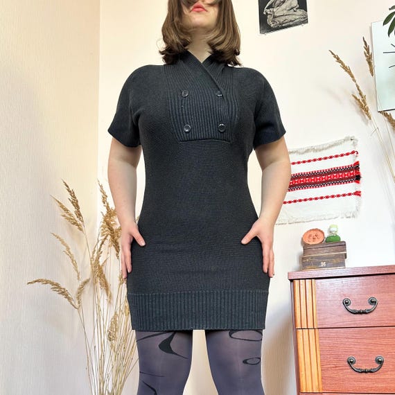 ck knit dress Vintage Calvin Klein Ribbed — Y2K Short Sleeve Fitted Dress, Minimalist Style (M) Evening dress plus size
