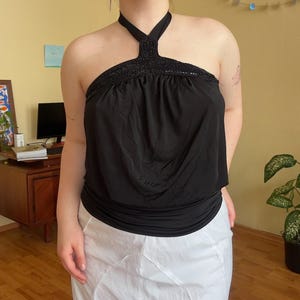 Vintage Y2K Black Beaded Halter Top: Boho Festival Blouse