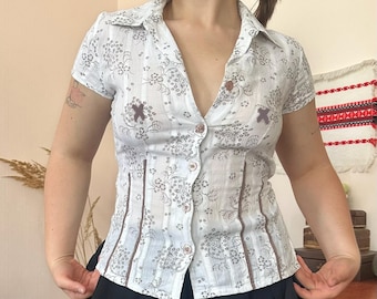 Armand Thiery Vintage White Floral Cotton Tie Back Shirt Cottagecore Office Siren Y2K (S/M)
