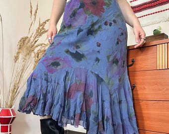 Per Una Vintage Vintage Floral Viscose Ruffle Hem Midi Skirt Cottagecore Fairycore Boho 00s Style (L)