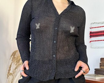 Y2K Black Polka Dot Sheer Fitted Mesh Blouse Textured Top Office Siren Corpcore (M)