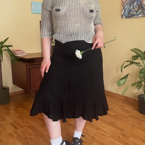 Vintage Black Linen Midi Skirt (UK 14 EUR 42): Basic Flowy Skirt