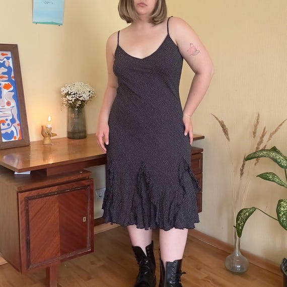 Vintage Coquette Polka Dot Slip Dress: Y2K Black Midi, UK16