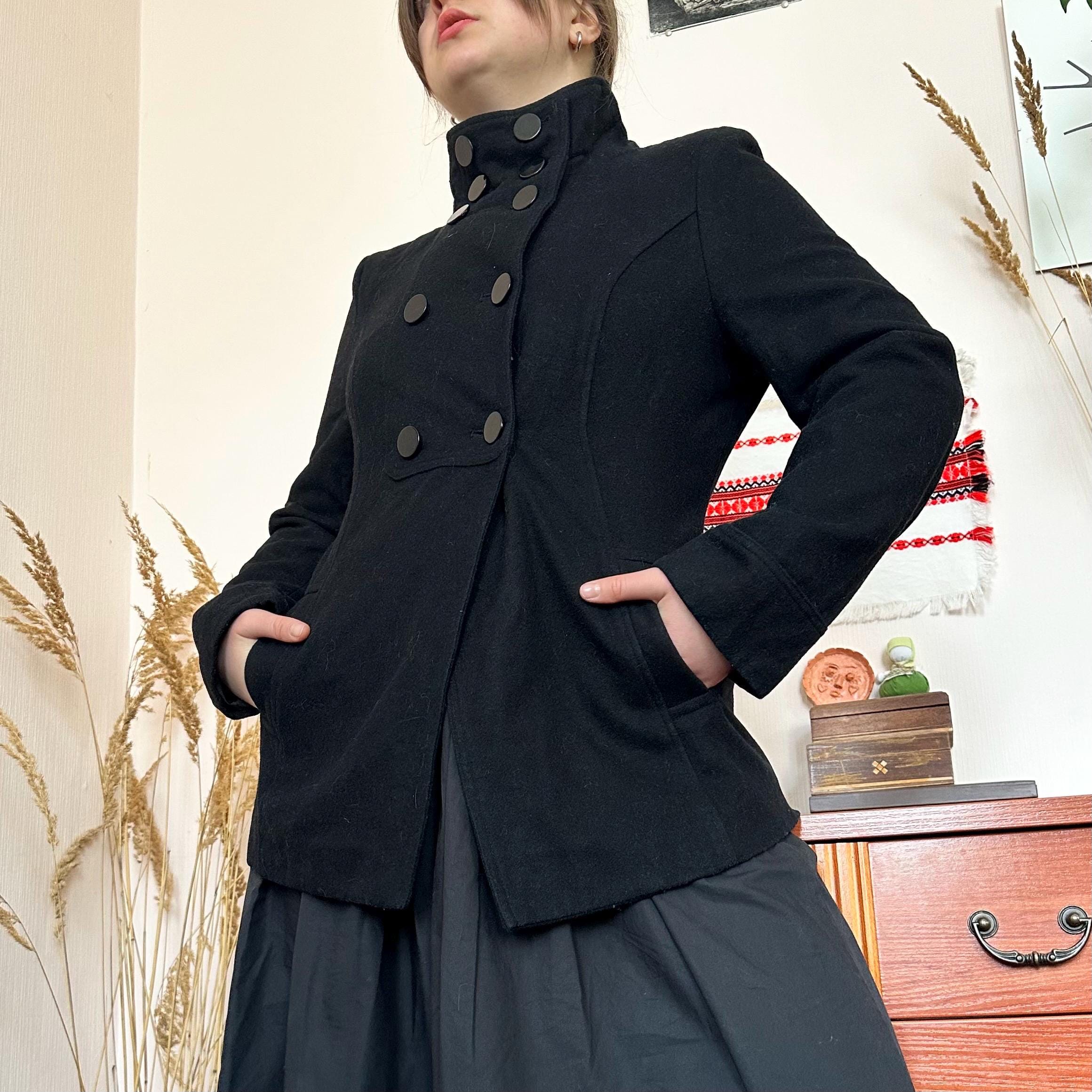 High Neck Black Vintage Wool Coat - Etsy