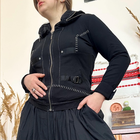 Vintage Black Hooded Zip Stretchy Jacket — Y2K Grunge Utility 