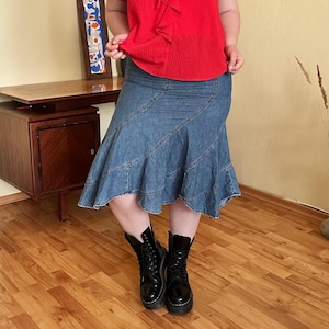 Vintage Y2K Ruffle Denim Skirt – Flared Skirt, Blue Jean Midi Skirt, High Waisted Mermaid Skirt, Asymmetrical Hem Skirt, Boho 2000s Skirt