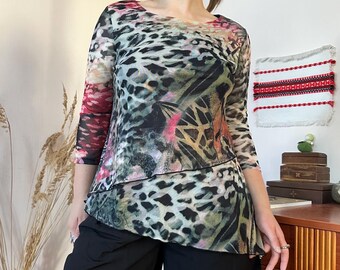Vintage Animal Mesh Top Layered Asymmetric Hem Leopard Mob Wife Y2K 00s (M)
